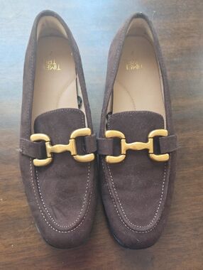 Women’s Brown Suede Loafers with Gold Embellishment Size 7
